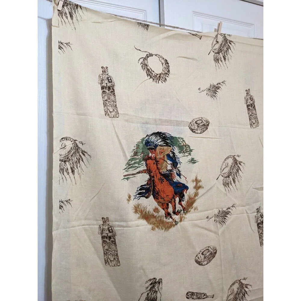 Vintage Native American Themed Fabric Horse Drums Baskets Regalia Pipes 2.83 Yds